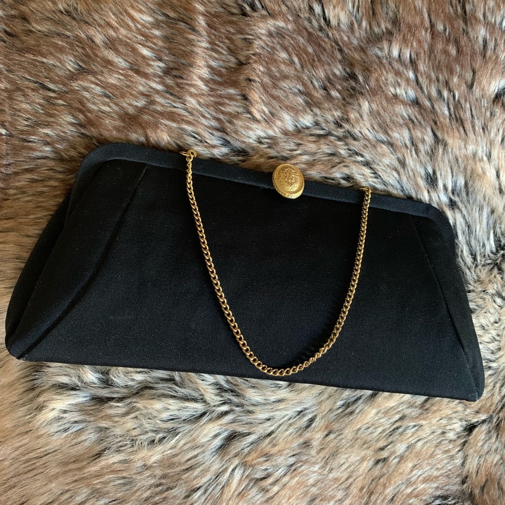ADMIRAL Vintage Black Clutch with Gold Tone Chain Latch Hardware Woman’s Purse